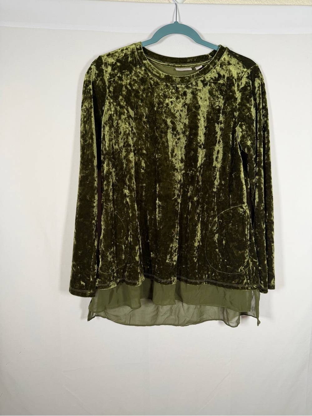 LOGO Lori Goldstein Forest Fairy Green Velvet Bell Sleeve Top with Chiffon Hem